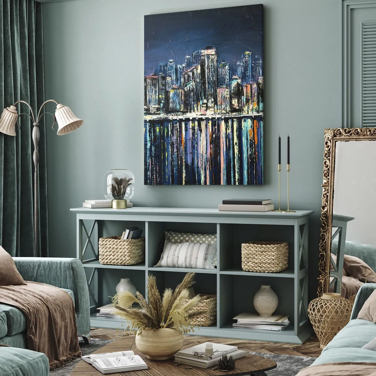 Quadro su tela - Stampe su Tela - Panorama della città notturna riflessa nell'acqua - 50x70cm - Cascata di luci - Decorazione murale moderna per soggiorno e camera da letto ARTTOR