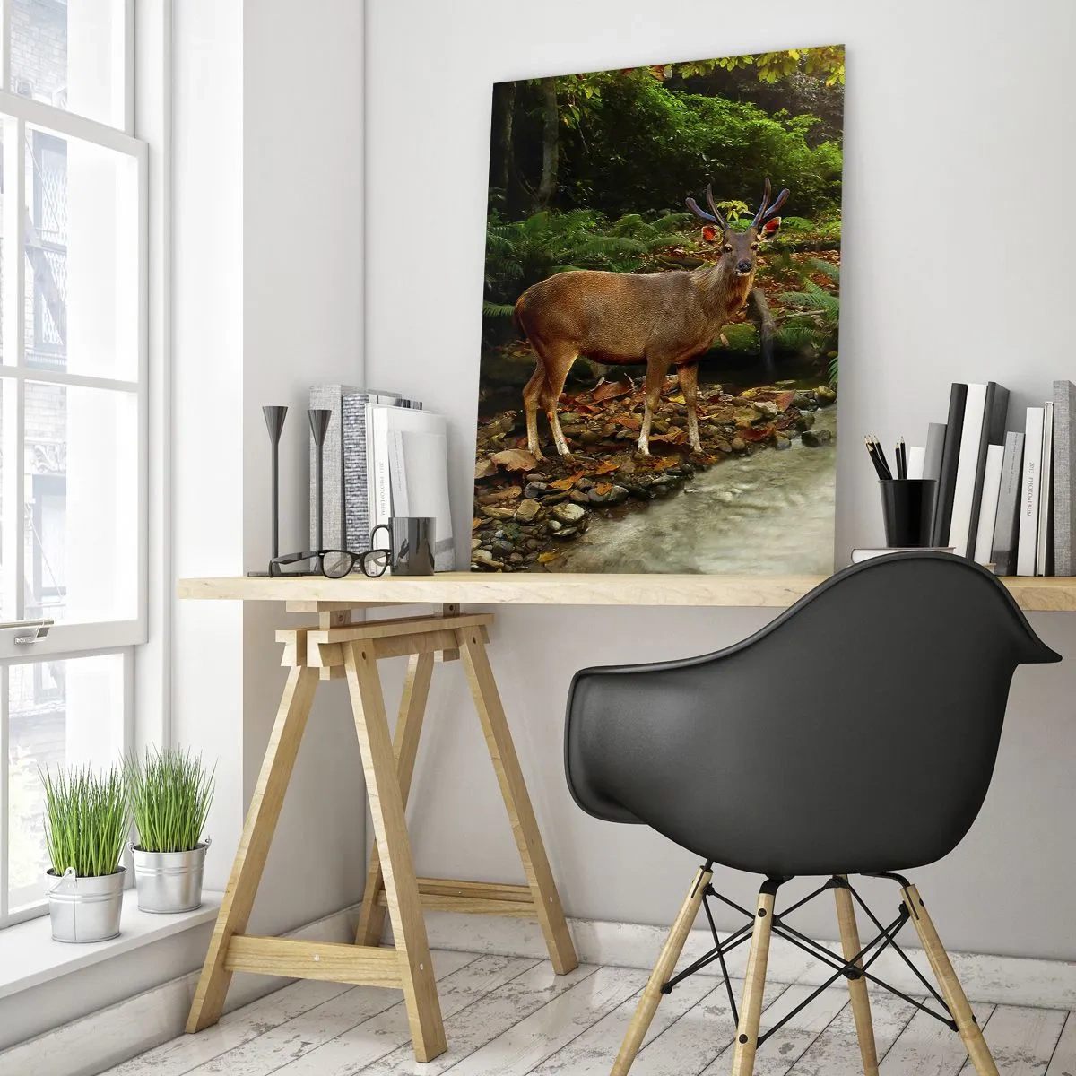 Quadro su vetro - Un cervo vicino a un ruscello in una foresta illuminata dal sole - 50x70cm - Benvenuto nel mio mondo - Decorazione murale moderna per soggiorno e camera da letto ARTTOR