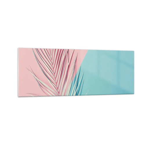 Quadro su vetro - Foglia tropicale su uno sfondo di tonalità pastello di rosa e blu - 140x50cm - Impressione tropicale - Decorazione murale moderna per soggiorno e camera da letto ARTTOR