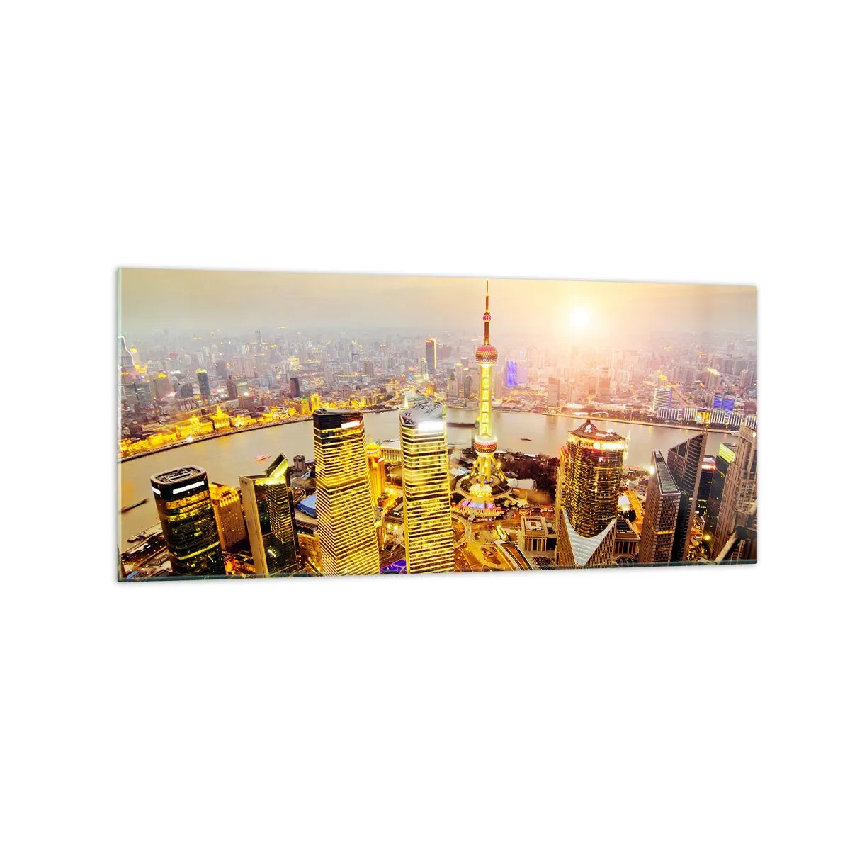 Quadro su vetro - Panorama della città con grattacieli al tramonto - 120x50cm - Sogno asiatico - Decorazione murale moderna per soggiorno e camera da letto ARTTOR