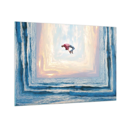 Quadro su vetro - Un uomo che salta sul mare in una cornice surreale - 100x70cm - In un'altra dimensione - Decorazione murale moderna per soggiorno e camera da letto ARTTOR