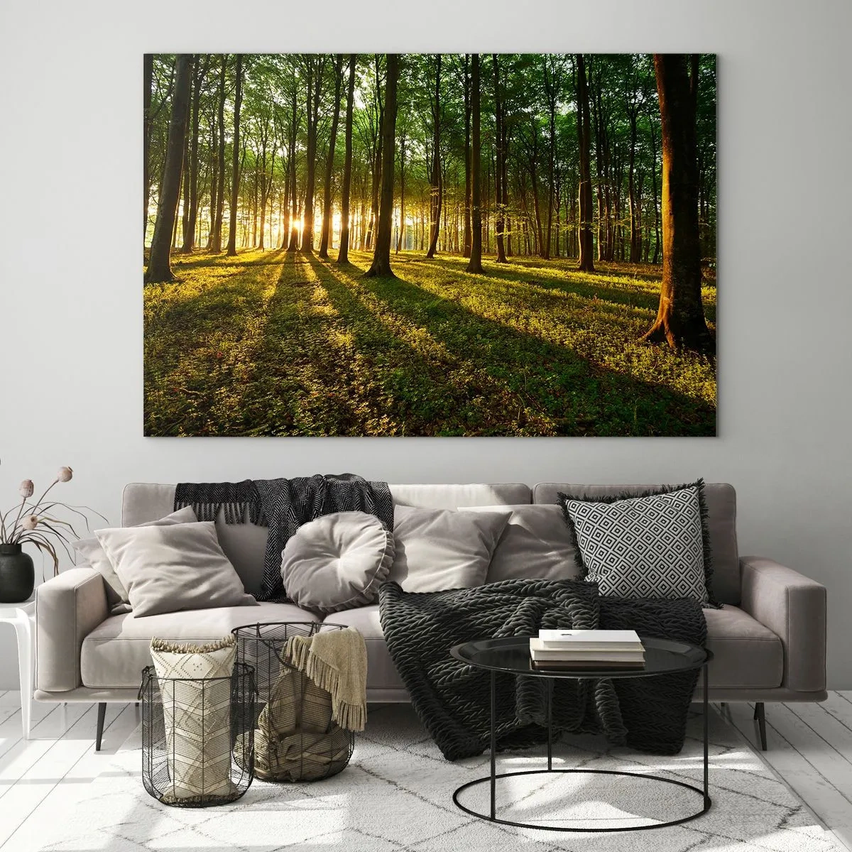 Quadro su vetro - Una radura della foresta illuminata dai raggi del sole nascente - 70x50cm - La foto di ogni primavera - Decorazione murale moderna per soggiorno e camera da letto ARTTOR