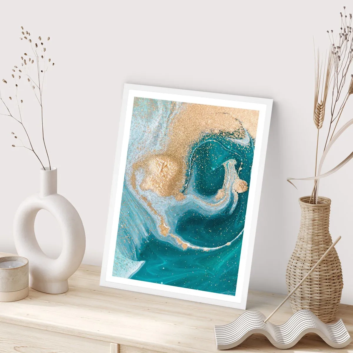 Poster in cornice bianca - Vortice di oro e turchese - 70x100 cm