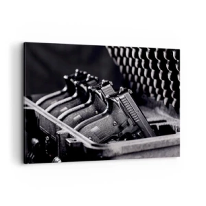 Quadro su tela - Stampe su Tela - Un'immagine in bianco e nero di una pila di armi in una valigia. - 120x80cm - Sport maschile - Decorazione murale moderna per soggiorno e camera da letto ARTTOR