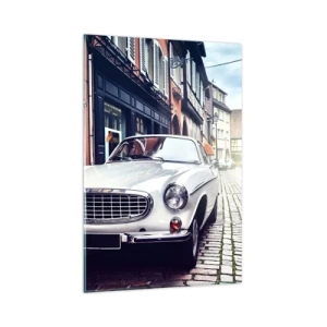 Quadro su vetro - Una classica auto bianca su una strada cittadina acciottolata - 80x120cm - Il passato è oggi - Decorazione murale moderna per soggiorno e camera da letto ARTTOR