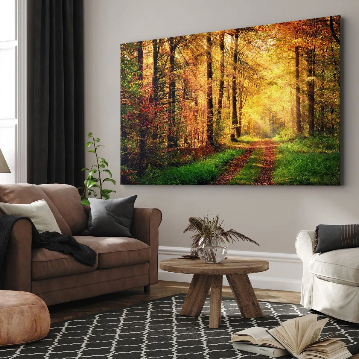 Quadro su tela - Stampe su Tela - Un sentiero nel bosco circondato da alberi dorati e verdi - 120x80cm - Il silenzio d'oro del bosco - Decorazione murale moderna per soggiorno e camera da letto ARTTOR