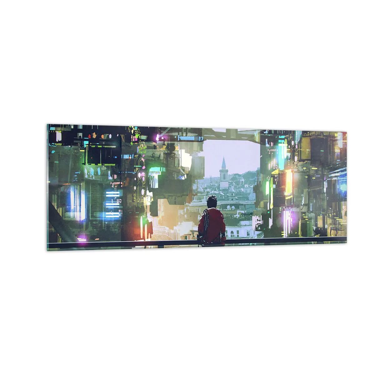 Quadro su vetro - Una figura in una città futuristica con luci al neon - 140x50cm - Due mondi - Decorazione murale moderna per soggiorno e camera da letto ARTTOR