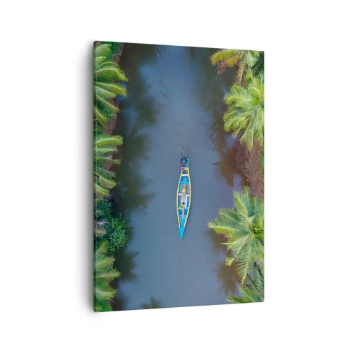 Quadro su tela - Stampe su Tela - Vista a volo d'uccello di una barca su un fiume circondata da palme - 50x70cm - Sul percorso tropicale - Decorazione murale moderna per soggiorno e camera da letto ARTTOR
