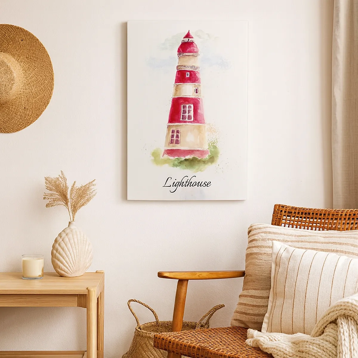 Quadro su tela - Stampe su Tela - Dipinto ad acquerello di un faro su sfondo chiaro con un'iscrizione - 50x70cm - Attorno è sempre bel tempo - Decorazione murale moderna per soggiorno e camera da letto ARTTOR