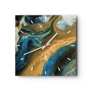 Orologio da parete - Orologio in Vetro - Onde astratte nei toni dell'oro e del blu - 30x30cm - Blu-oro: influenza reciproca - Decorazione murale moderna per soggiorno e camera da letto ARTTOR