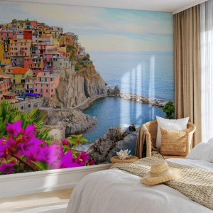 Fotomurali Premium Canvas - Case colorate su una scogliera a picco sul mare in un paesaggio pittoresco - 100x70cm - La città che ride - Decorazione murale moderna per soggiorno e camera da letto ARTTOR