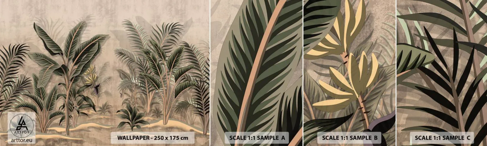 Campione di Fotomurale Adesivo Deluxe Sticker - Incisione in stile coloniale - Foresta tropicale, Palma da cocco, Albero di banane - 100x30 cm