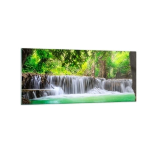 Quadro su vetro - Una cascata verde circondata da una fitta vegetazione tropicale - 120x50cm - Cascata nel verde - Decorazione murale moderna per soggiorno e camera da letto ARTTOR