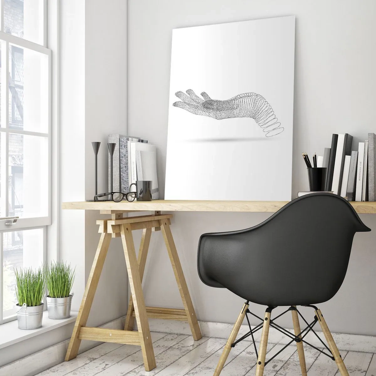 Quadro su vetro - Un'illustrazione minimalista di una mano composta da punti neri su sfondo bianco. - 70x100cm - Mano elastica - Decorazione murale moderna per soggiorno e camera da letto ARTTOR