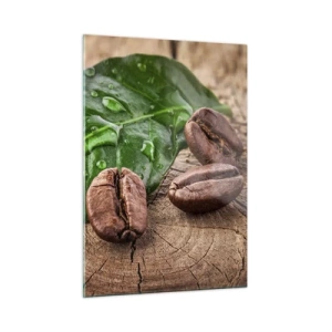 Quadro su vetro - Chicchi di caffè su uno sfondo di foglie e legno - 50x70cm - Nero e autentico - Decorazione murale moderna per soggiorno e camera da letto ARTTOR