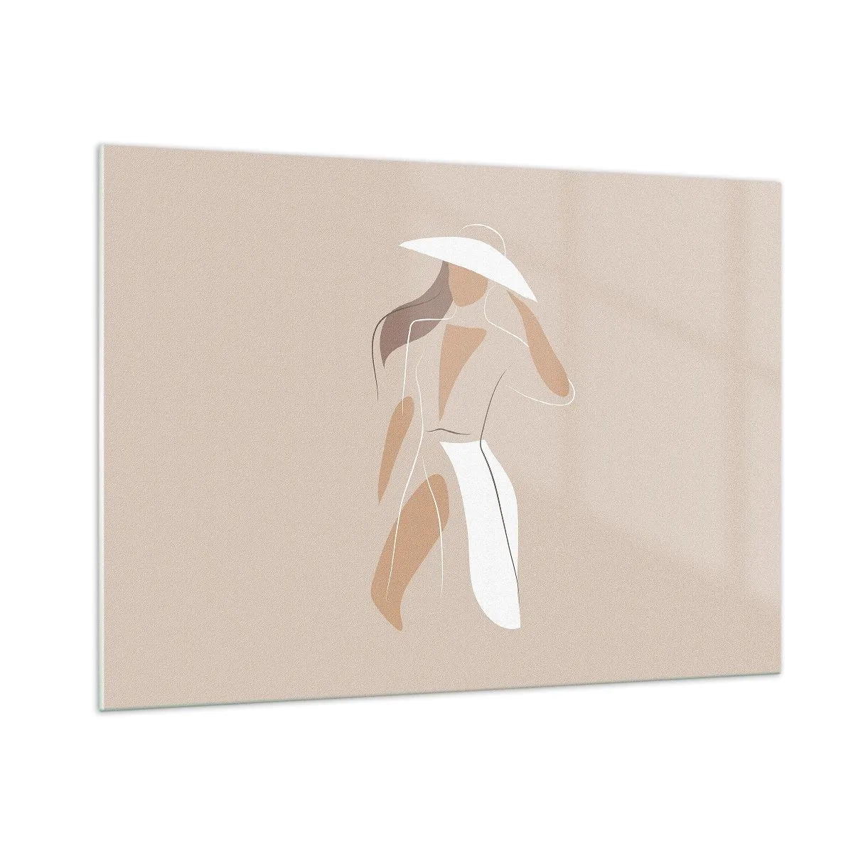 Quadro su vetro - Figura stilizzata di una donna con un cappello bianco - 100x70cm - La moda è un gioco - Decorazione murale moderna per soggiorno e camera da letto ARTTOR