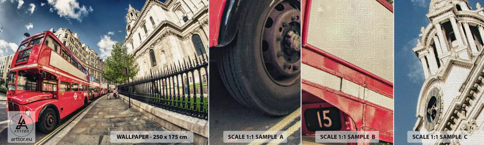 Campione di Fotomurale Premium Canvas - Via di Londra in grigio e rosso - Città, Londra, Autobus rosso - 100x30 cm