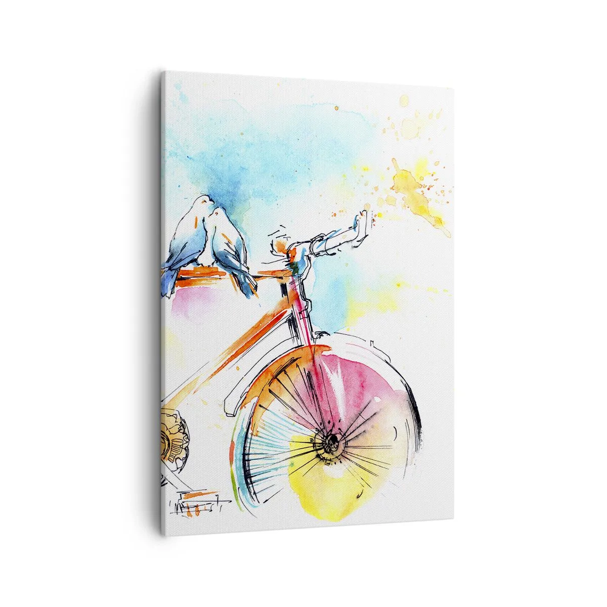 Quadro su tela - Stampe su Tela - Dipinto ad acquerello colorato di una bicicletta con uccelli seduti sopra - 50x70cm - In due in bicicletta - Decorazione murale moderna per soggiorno e camera da letto ARTTOR