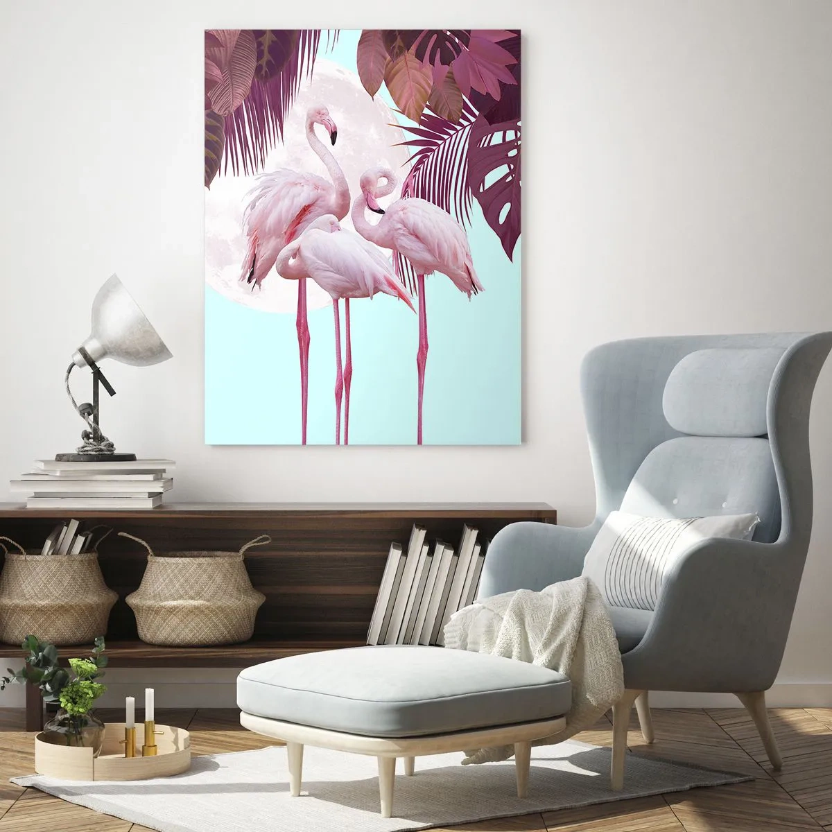 Quadro su vetro - Fenicotteri rosa sullo sfondo della luna e delle foglie tropicali - 70x100cm - Tre grazie alate - Decorazione murale moderna per soggiorno e camera da letto ARTTOR