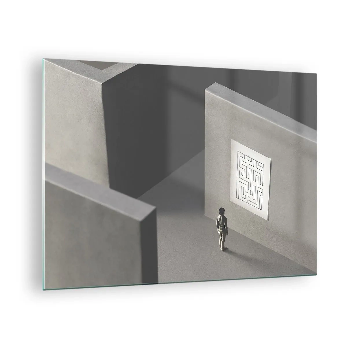 Quadro su vetro - Bambino in un labirinto con un simbolo di indovinello - 70x50cm - Ma dove mi trovo? - Decorazione murale moderna per soggiorno e camera da letto ARTTOR