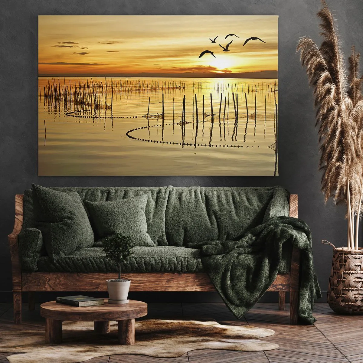 Quadro su tela - Stampe su Tela - Tramonto sull'acqua con uccelli in volo - 120x80cm - Alla pesca - Decorazione murale moderna per soggiorno e camera da letto ARTTOR