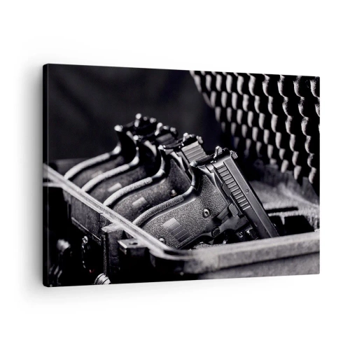 Quadro su tela - Stampe su Tela - Un'immagine in bianco e nero di una pila di armi in una valigia. - 70x50cm - Sport maschile - Decorazione murale moderna per soggiorno e camera da letto ARTTOR
