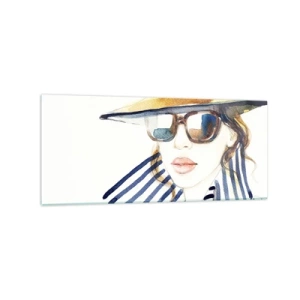 Quadro su vetro - Ritratto di una donna con cappello e occhiali da sole - 120x50cm - La Florida dà il benvenuto! - Decorazione murale moderna per soggiorno e camera da letto ARTTOR