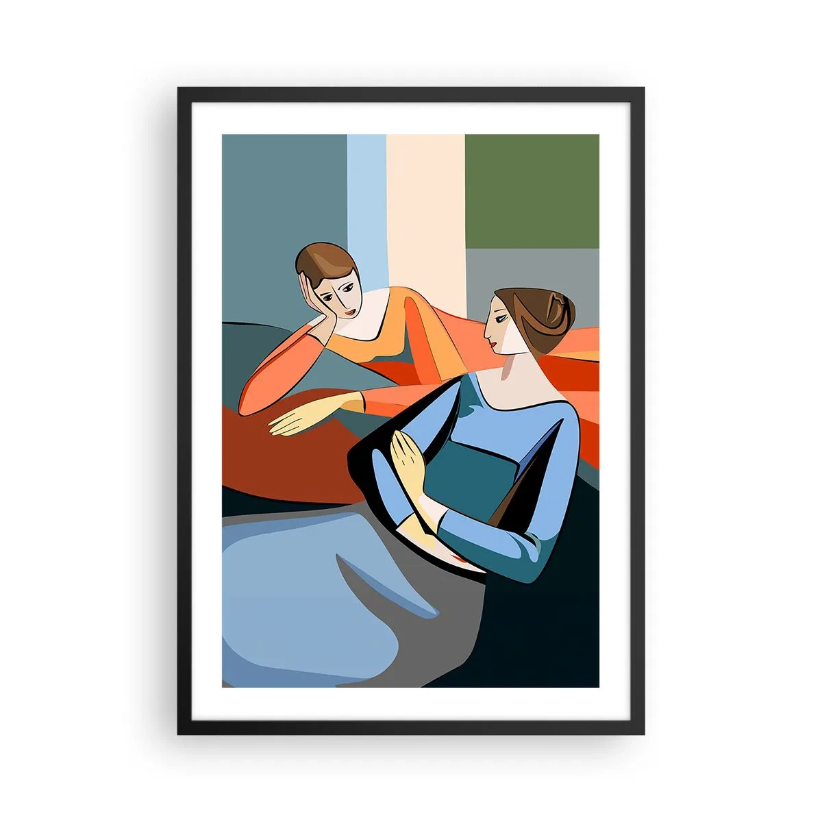 Poster in cornice nera - Un'illustrazione moderna di due donne in stile cubista. - 50x70cm - Il momento delle confidenze - Decorazione murale moderna per soggiorno e camera da letto ARTTOR