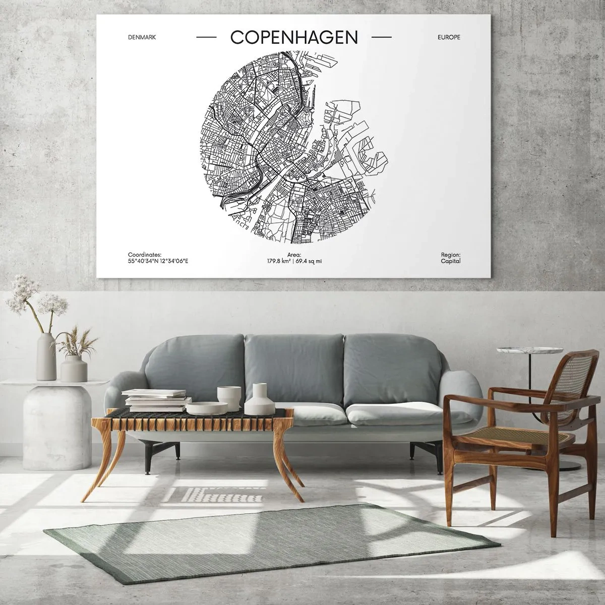 Quadro su vetro - Una mappa di Copenaghen sotto forma di schizzo grafico di una strada - 70x50cm - Anatomia di Copenaghen - Decorazione murale moderna per soggiorno e camera da letto ARTTOR