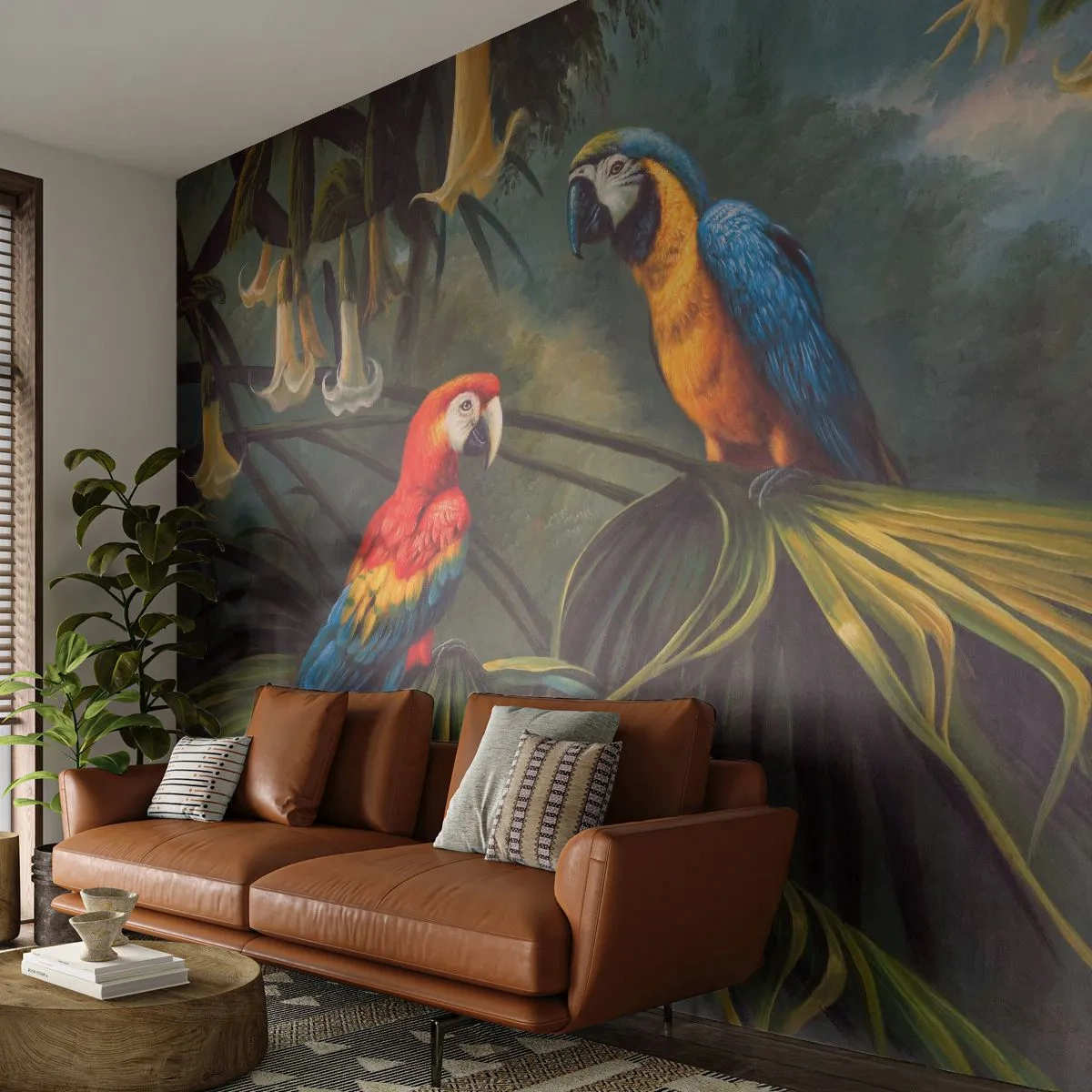 Fotomurali Autoadesivo Deluxe Sticker - Romanticità ai tropici - Pappagallo Ara, Animali, Foresta tropicale - 250x175 cm