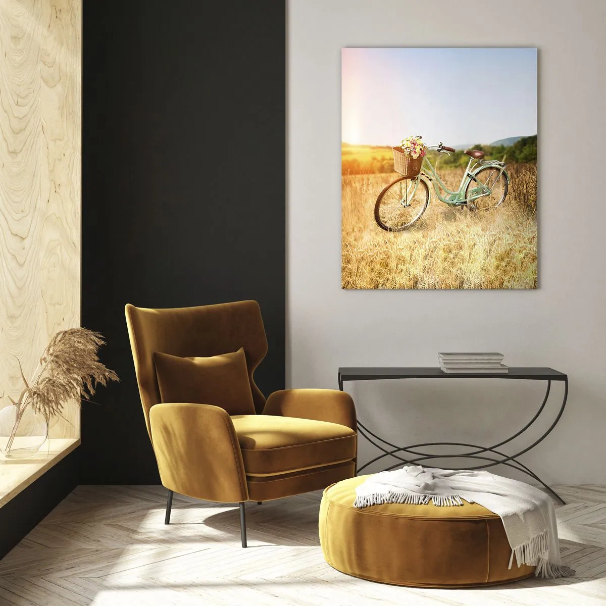 Quadro su vetro - Una bicicletta retrò con un cesto pieno di fiori sullo sfondo di un prato. - 80x120cm - Resto qui un attimo - Decorazione murale moderna per soggiorno e camera da letto ARTTOR