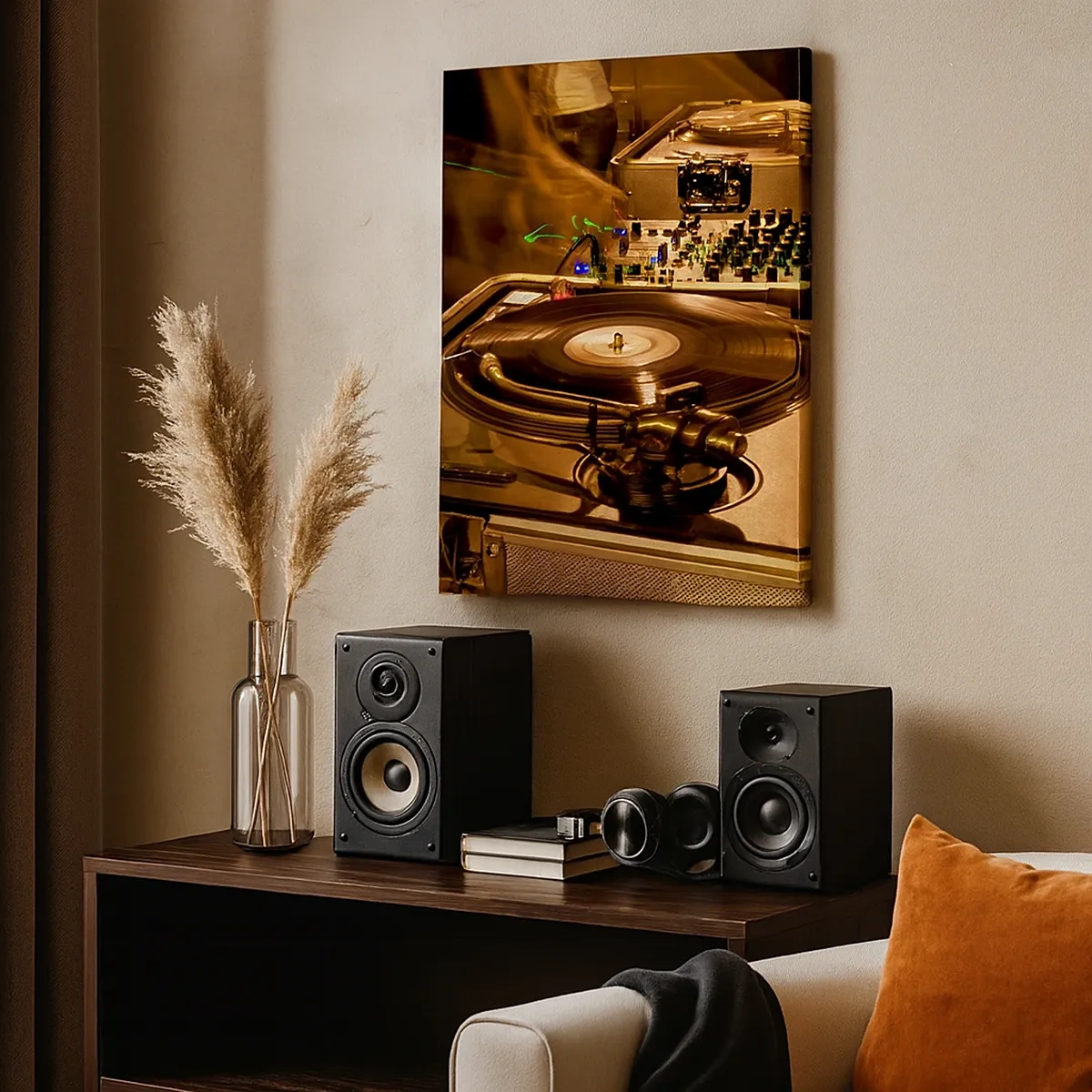 Quadro su tela - Stampe su Tela - Attrezzatura da DJ con giradischi e mixer durante una festa - 50x70cm - Senti la forza? - Decorazione murale moderna per soggiorno e camera da letto ARTTOR