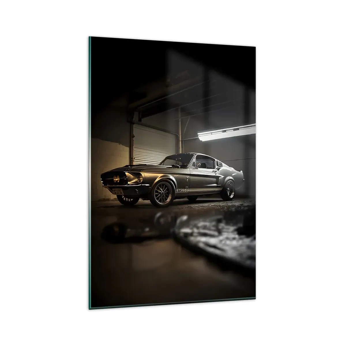 Quadro su vetro - Auto d'epoca in garage retrò - 80x120cm - Ritorno al passato - Decorazione murale moderna per soggiorno e camera da letto ARTTOR