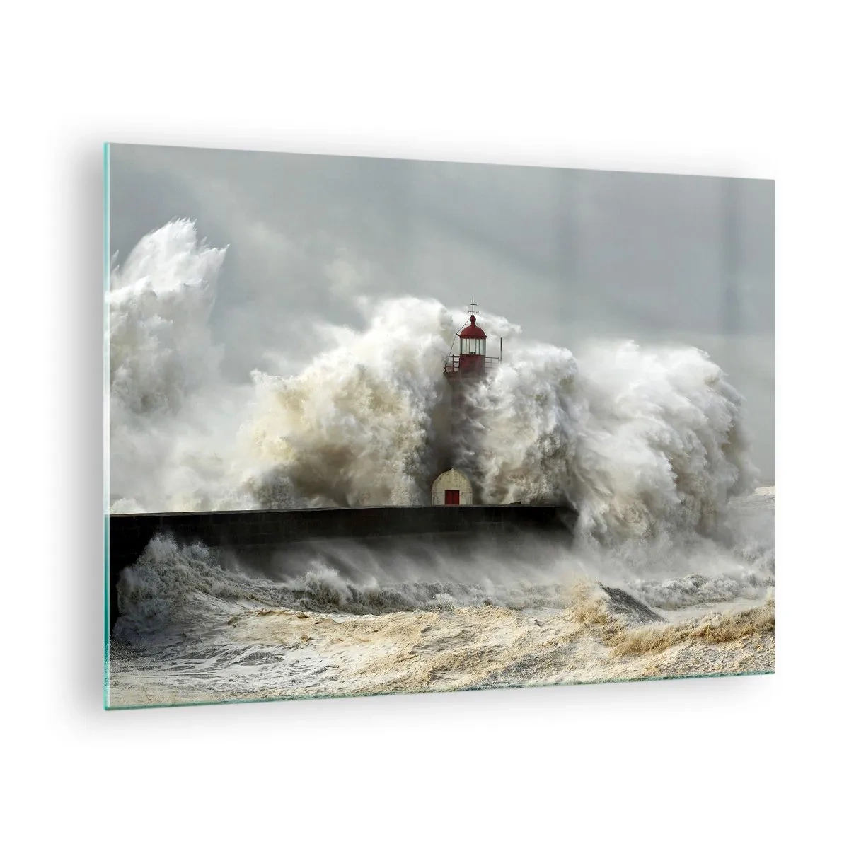 Quadro su vetro - Un faro circondato da onde potenti - 70x50cm - L'ira dell'oceano - Decorazione murale moderna per soggiorno e camera da letto ARTTOR