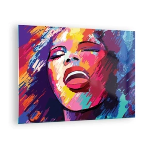 Quadro su vetro - Ritratto astratto di una donna dai colori intensi - 70x50cm - Cantare tutta la vita - Decorazione murale moderna per soggiorno e camera da letto ARTTOR