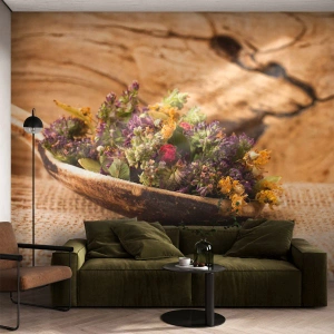 Fotomurali Premium Sand - Erbe essiccate su un cucchiaio di legno rustico - 100x70cm - Fiori colorati ed erbe odorose - Decorazione murale moderna per soggiorno e camera da letto ARTTOR