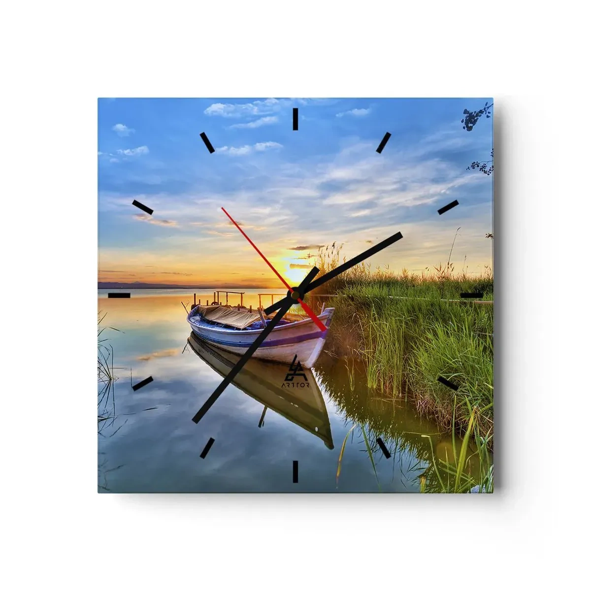 Orologio da parete - Orologio in Vetro - Una barca in una baia tranquilla al tramonto - 30x30cm - L'insenatura dei sogni realizzati - Decorazione murale moderna per soggiorno e camera da letto ARTTOR
