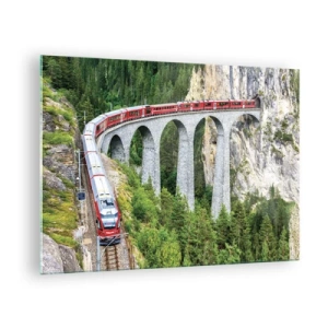 Quadro su vetro - Un treno con un ponte di montagna sullo sfondo tra paesaggi verdi - 70x50cm - Il treno tra i monti - Decorazione murale moderna per soggiorno e camera da letto ARTTOR