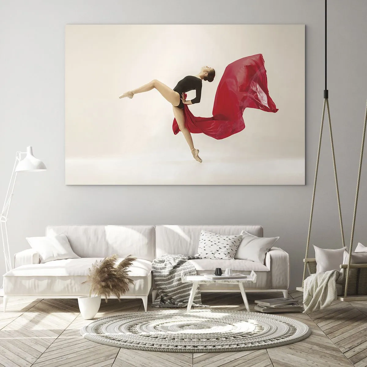 Quadro su vetro - Una ballerina in un salto dinamico con tessuto rosso - 70x50cm - Rosso e nero - Decorazione murale moderna per soggiorno e camera da letto ARTTOR