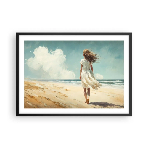Poster in cornice nera - Una donna in abito bianco che cammina sulla spiaggia in una giornata di sole - 70x50cm - Dove sole e vento si incontrano - Decorazione murale moderna per soggiorno e camera da letto ARTTOR