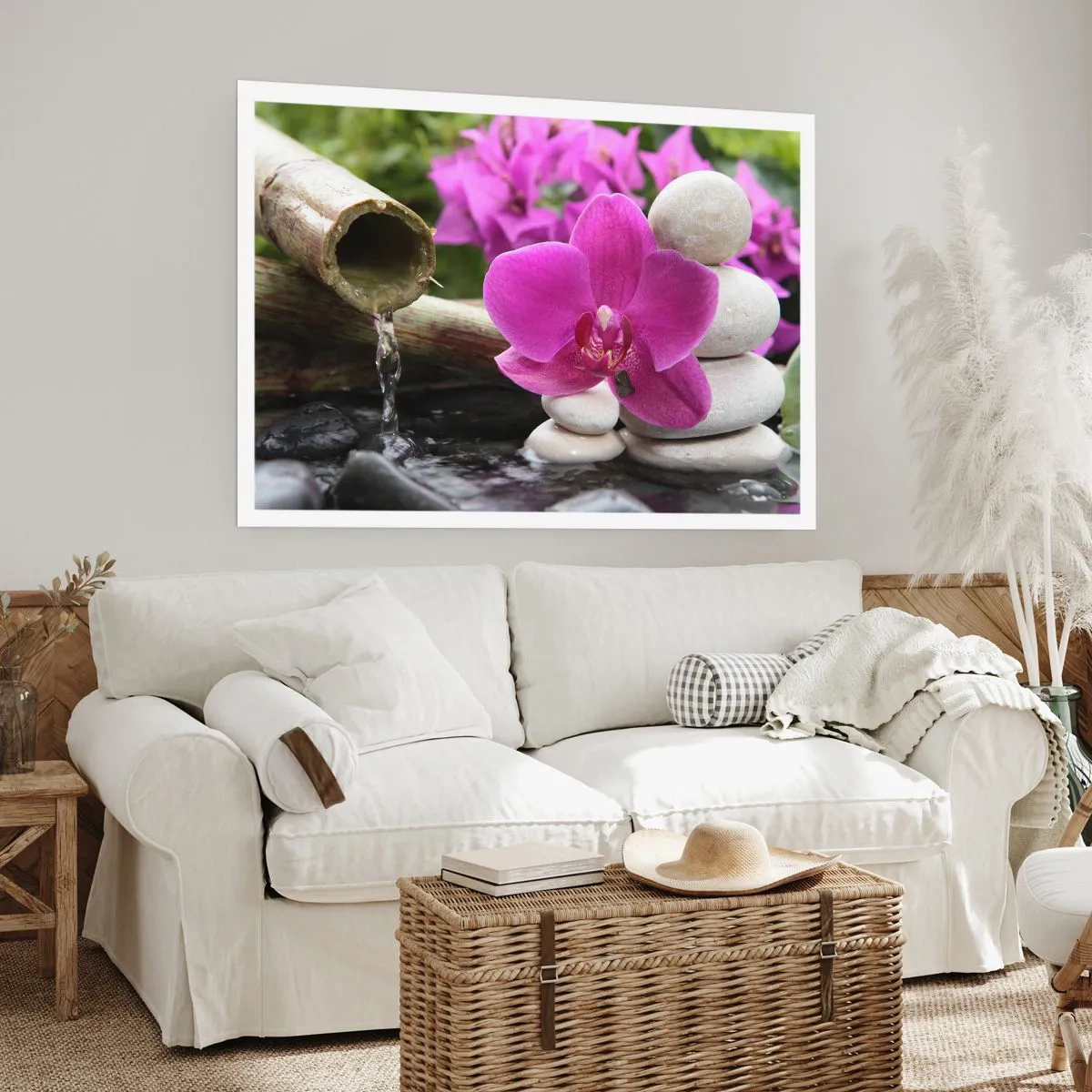 Poster - Orchidea viola, pietre e bambù con acqua in un ambiente rilassante - 100x70cm - E già ti riposi - Decorazione murale moderna per soggiorno e camera da letto ARTTOR