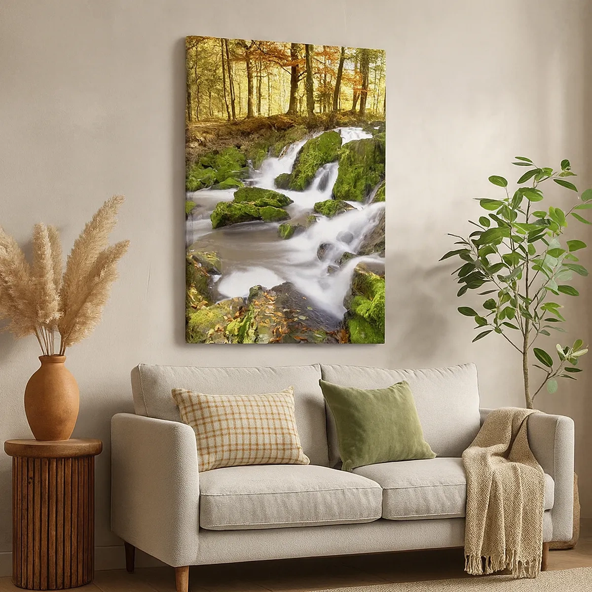 Quadro su tela - Stampe su Tela - Un paesaggio boscoso con una cascata circondata dal muschio - 50x70cm - Rapido nel bosco autunnale - Decorazione murale moderna per soggiorno e camera da letto ARTTOR