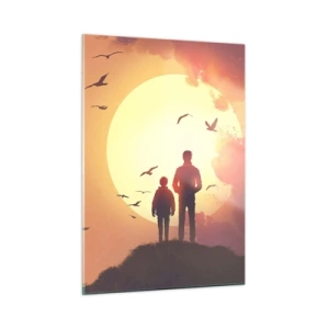 Quadro su vetro - Figure di un padre e di un figlio in piedi sullo sfondo del sole al tramonto e di uccelli in volo - 50x70cm - Faccia a faccia con il sole - Decorazione murale moderna per soggiorno e camera da letto ARTTOR