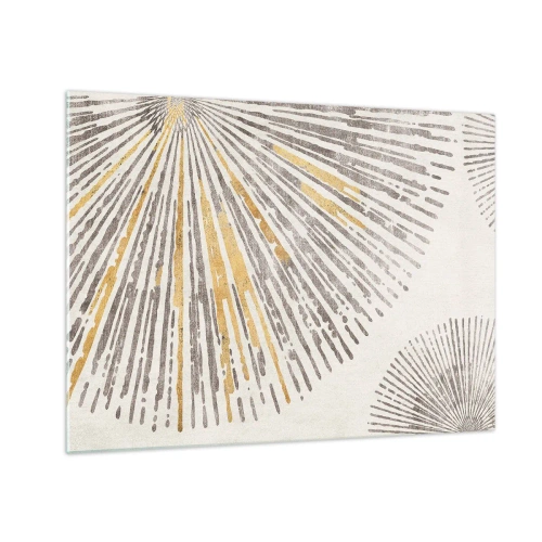 Quadro su vetro - Linee radiali nei toni dell'oro e del grigio su uno sfondo chiaro - 70x50cm - La bellezza dei raggi - Decorazione murale moderna per soggiorno e camera da letto ARTTOR