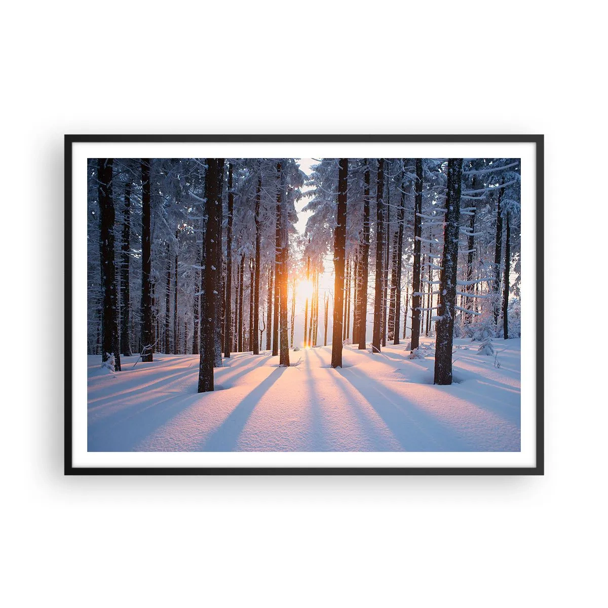 Poster in cornice nera - Foresta invernale illuminata dai raggi del sole - 100x70cm - Decisamente nero su bianco - Decorazione murale moderna per soggiorno e camera da letto ARTTOR