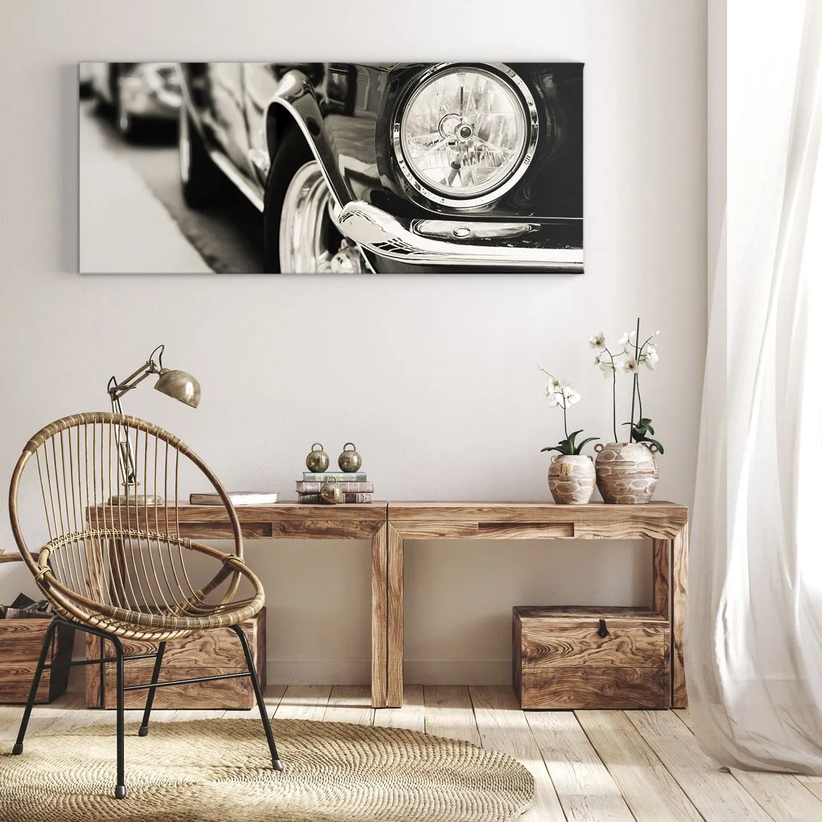 Quadro su tela - Stampe su Tela - Un'iconica auto d'epoca in elegante bianco e nero - 160x50cm - Bellezza intramontabile - Decorazione murale moderna per soggiorno e camera da letto ARTTOR