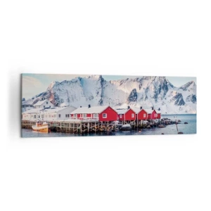 Quadro su tela - Stampe su Tela - Case rosse sullo sfondo delle montagne innevate e del mare blu - 160x50cm - Atmosfera del nord - Decorazione murale moderna per soggiorno e camera da letto ARTTOR