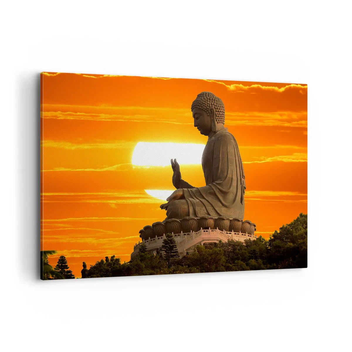 Quadro su tela - Stampe su Tela - Una statua buddista sullo sfondo di un tramonto arancione - 120x80cm - Senza paura davanti al mondo - Decorazione murale moderna per soggiorno e camera da letto ARTTOR