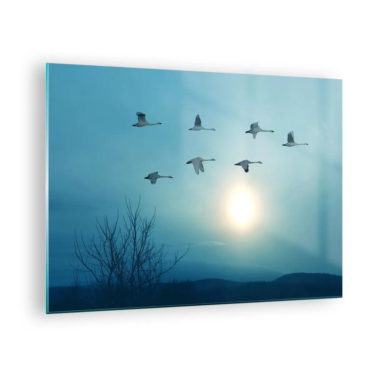 Quadro su vetro - Cigni in volo sullo sfondo del sole al tramonto e di un paesaggio invernale - 70x50cm - Addio estate, quest'anno - Decorazione murale moderna per soggiorno e camera da letto ARTTOR