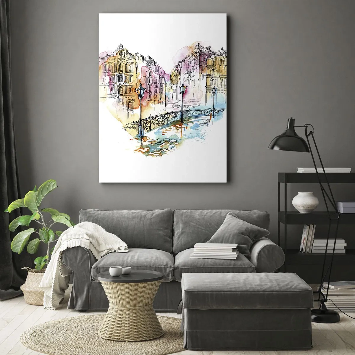 Quadro su tela - Stampe su Tela - Acquerello di un ponte e case popolari a forma di cuore - 50x70cm - Il cuore della città - Decorazione murale moderna per soggiorno e camera da letto ARTTOR